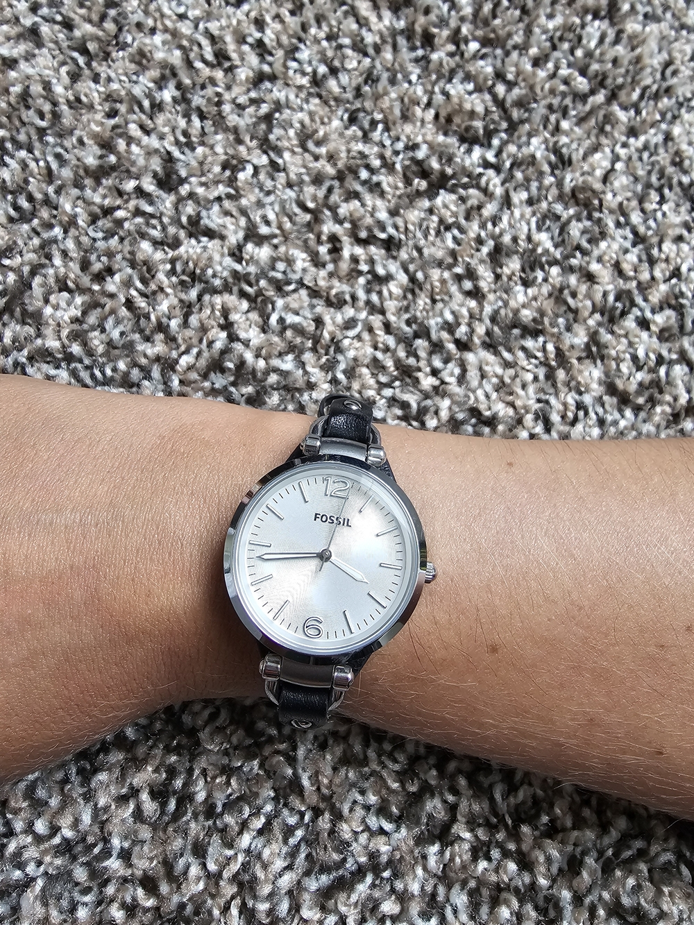 Fossil Silver Dial Black Leather Strap Watch